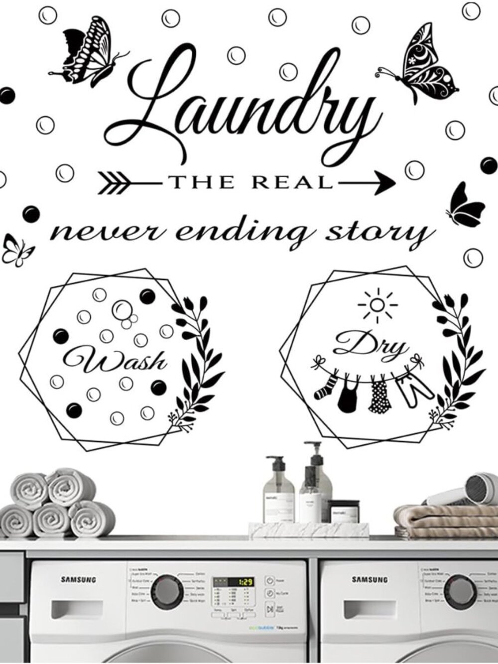 2 Sheets Laundry Room Wall Decals Wash Dry Laundry Wall Stickers Vinyl Wall Deca
